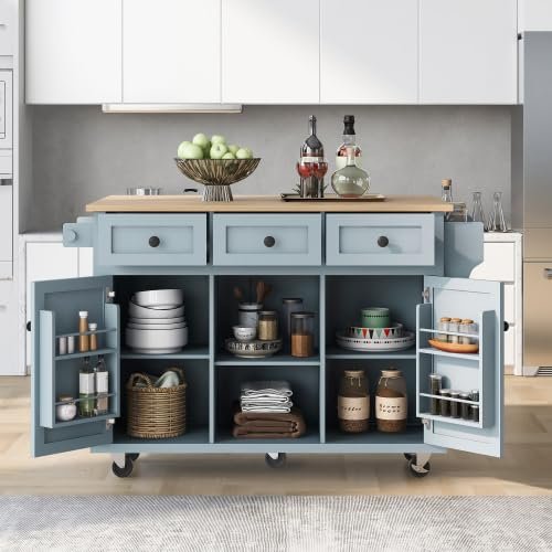Store Kitchen Cart with Storage Cabinets Rolling Kitchen Island Cart on 5 Wheels with 3 Drawers Drop Leaf Wood Countertop Kitchen Torlley Cart, Tower and Spice Rack for Kitchen Living Room, Blue