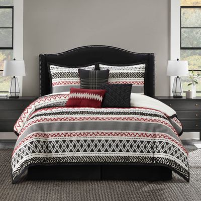 Startford Park Striped California King Comforter Set, 7 Piece,Black & Red, Jacquard & Clip Geometric All Season Premium Bedding Set