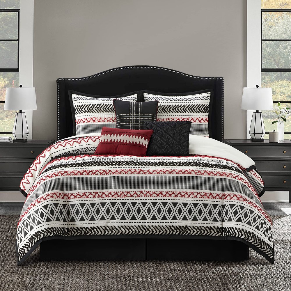 Startford Park Striped California King Comforter Set, 7 Piece,Black & Red, Jacquard & Clip Geometric All Season Premium Bedding Set