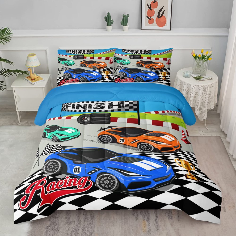 Axolotl Racing Car Bedding Set - Full, Cool Speed Race Car Comforter Set for Kids, Boys & Girls - 1 Comforter and 2 Pillowcases