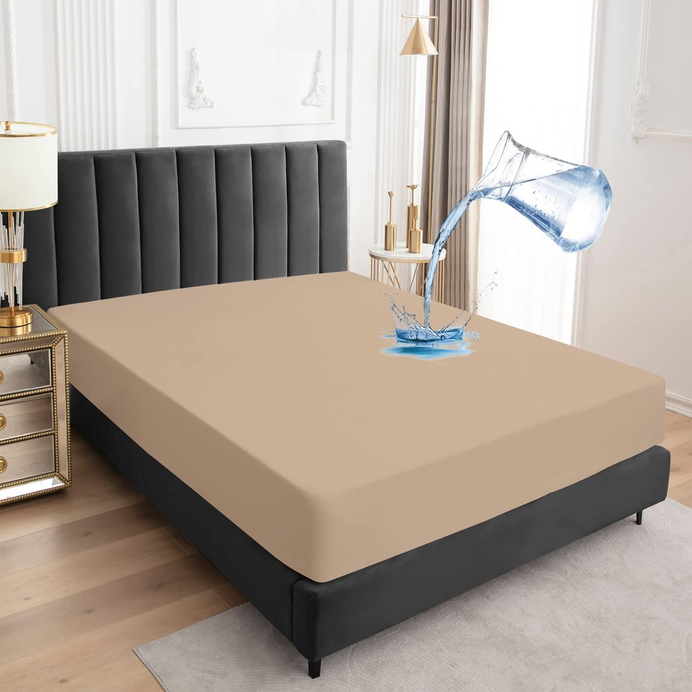 Sufdari Twin XL Mattress Protector,Waterproof Mattress Protector,Fitted Sheet Style Mattress Cover with 18" Deep Pocket,Washable and Comfortable-Light Tan,Twin XL