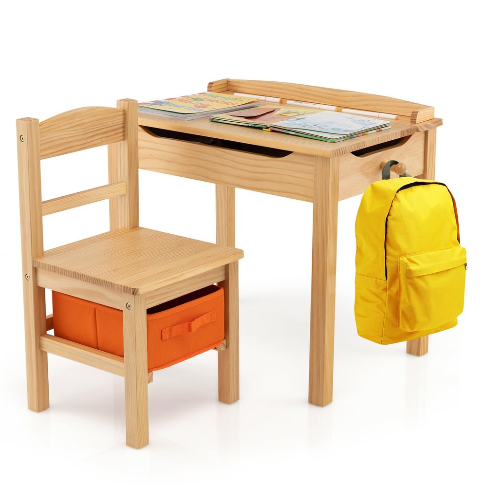 HONEY JOY Kids Table and Chair Set, Wooden Lift-Top Desk & Chair with Storage, Safe Hinged Lid, Activity Table Set for Craft Art, 2-Piece Children Furniture Set for Daycare, Kindergarten (Natural)