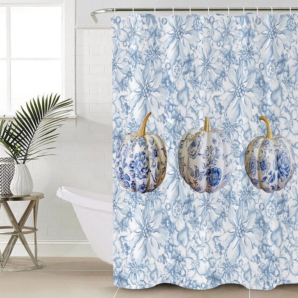 Tersuger Fabric Shower Curtain 48x72 Inch, Thanksgiving Blue and White Porcelain Pumpkin Shower Curtain for Bathroom with Hooks,Waterproof Bath Shower Curtain Sets Decorative Bathroom Accessories