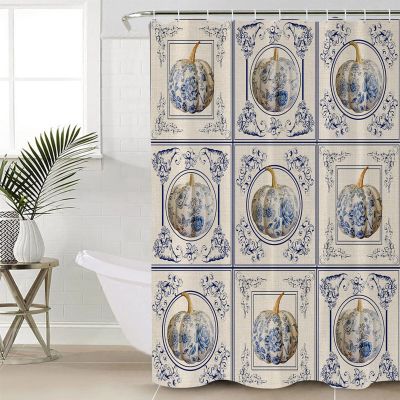 Fabric Shower Curtain 72x72 Inch, Thanksgiving Blue and White Porcelain Pumpkin Beige Shower Curtain for Bathroom with Hooks,Waterproof Bath Shower Curtain Sets Decorative Bathroom Accessories