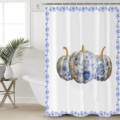 Fabric Shower Curtain 72x72 Inch, Fall Thanksgiving Pumpkin Floral Vintage Blue and White Porcelain Shower Curtain for Bathroom with Hooks,Waterproof Bath Curtain Set Decorative Bathroom Accessories