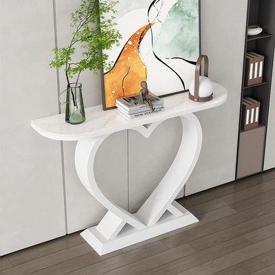 KWOKING Contemporary Half Moon Console Table Heart Shaped Base Antique Finish Console Sofa Table Nordic Entry Porch Table Home Foyer Long Table Modern Rock Slab Porch Table White 47"L x 12"W x 31"H