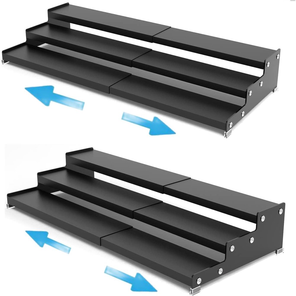 Wobmmi Expandable Spice Rack Storge organizer with 3-Tier step shelf for cabinet,seasoning racks organizion.Great for Kitchen countertop shelves,Pantry and more(2packs/Black)