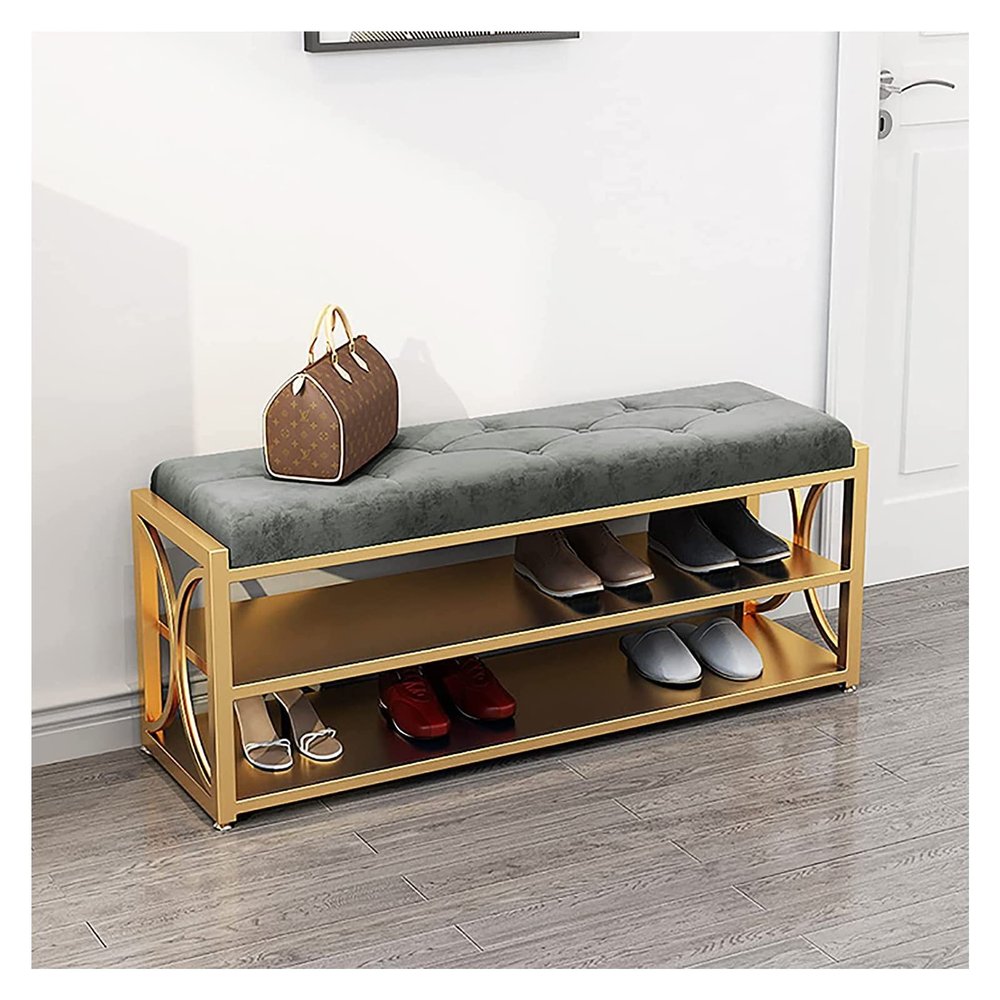 ALDEPO Shoe Cabinet Velvet Upholstered Shoe Bench,Bench Seat Shoe Rack Bench with Golden Shoe Shelf,Hallway Entry Shoe Storage Bench-Green 100x35x45cm (Color : White, Size : 80x35x45cm)