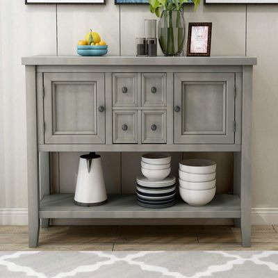 Aprilsoul Buffet Console Table, 47.36 Sideboard with 4 Drawers, 2 Storage Cabinets and Bottom Shelf for Livingroom Apartment Hallway, Antique Gray
