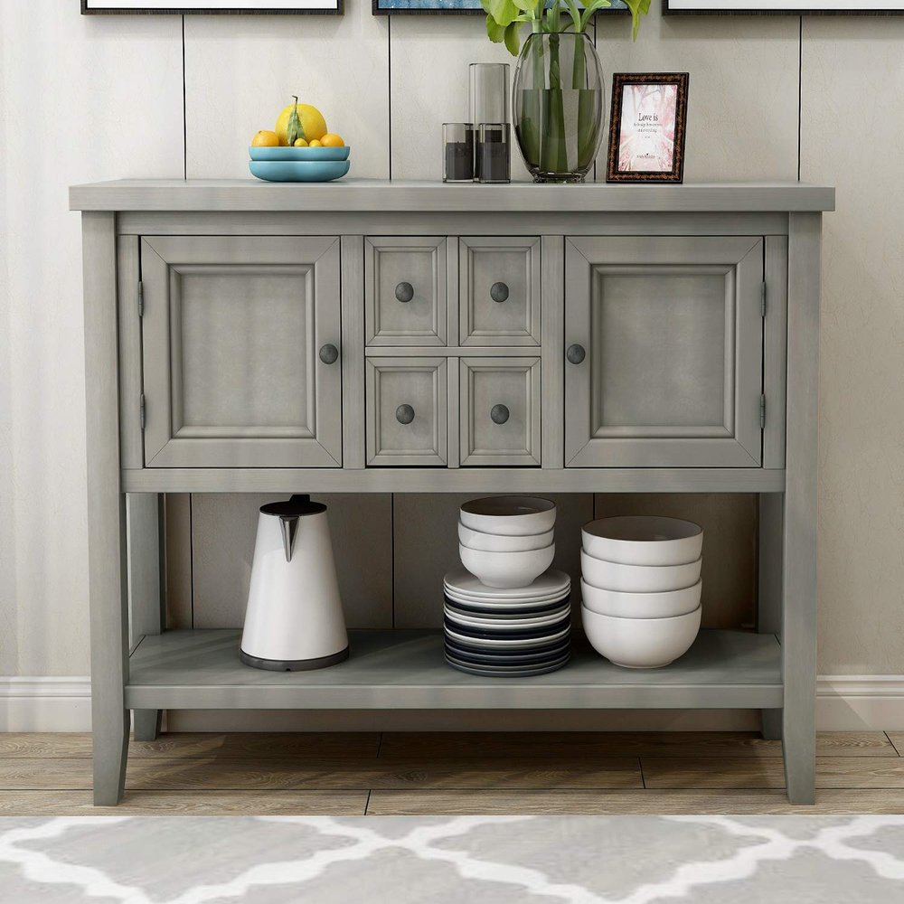 Aprilsoul Buffet Console Table, 47.36 Sideboard with 4 Drawers, 2 Storage Cabinets and Bottom Shelf for Livingroom Apartment Hallway, Antique Gray