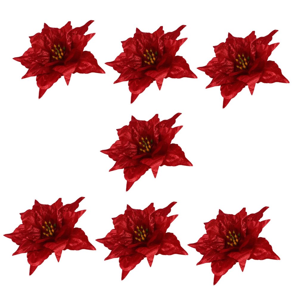 Didiseaon Poinsettia Flowers 7pcs Artificial Flowers Artificiales para Mini Christmas Tree Wedding Flowers Decorations Plastic Poinsettia Decor