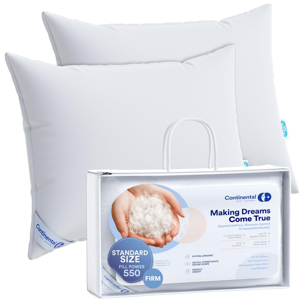 Firm Goose Down Pillow Set of 2 Standard Size 25 Ounce 26x20 Inch RDS Certified Fine Cotton Shell - Made in USA - Firm White Down Pillow