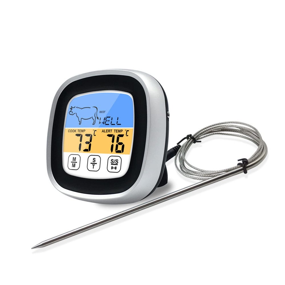 Digital Meat Thermometer, Stainless Steel Barbecue Timer Thermometer, Food Cooking Kitchen Color Screen Thermometer with Probe for Oven BBQ Grill Kitchen Food Cooking(Black)