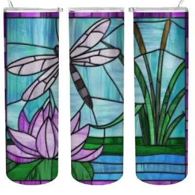 Dragonfly Faux Stained Glass Look Tumbler Sublimation Transfer, Ready to Press, 20 oz Straight Tumbler, Dragonflies Transfer for Tumbler