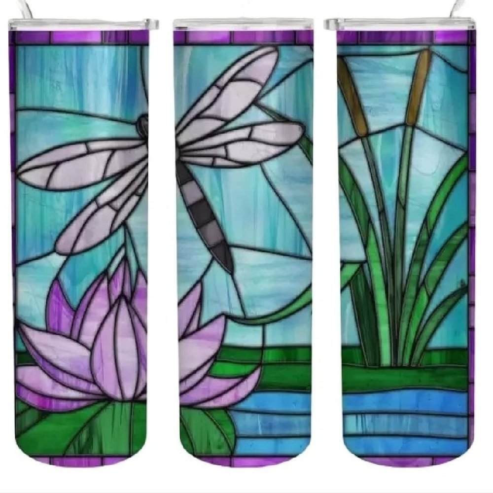 Dragonfly Faux Stained Glass Look Tumbler Sublimation Transfer, Ready to Press, 20 oz Straight Tumbler, Dragonflies Transfer for Tumbler