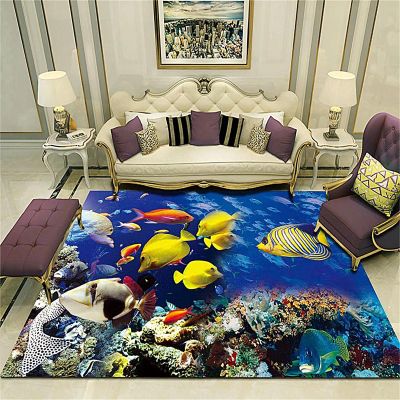 3D Ocean Animal Area Rug, 4x6ft, Underwater World Colorful Fish and Coral Carpets Sea Blue Cyan Non-Slip Washable Large Area Floor Mat for Indoor Outdoor Dinning Room Bedroom Kitchen Office