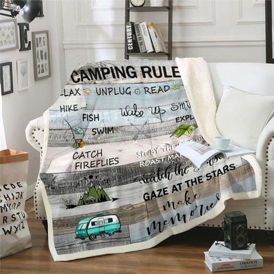 Erosebridal Camping Rules Blanket Camper Throw Blanket 90"x90" for Kids Child,Rustic Cabin Camping Fleece Blanket Farmhouse Style Camping Decor Bed Blanket Vintage Wooden Plank Happy Camping Decor