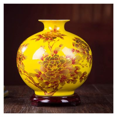 DYPASA Dry Flower Arrangement New Chinese Style Vase Jingdezhen Yellow Crystal Glaze Flower Vase Home Decor Handmade Shining Famille Rose Vases Flower Vase (Color : Brass)
