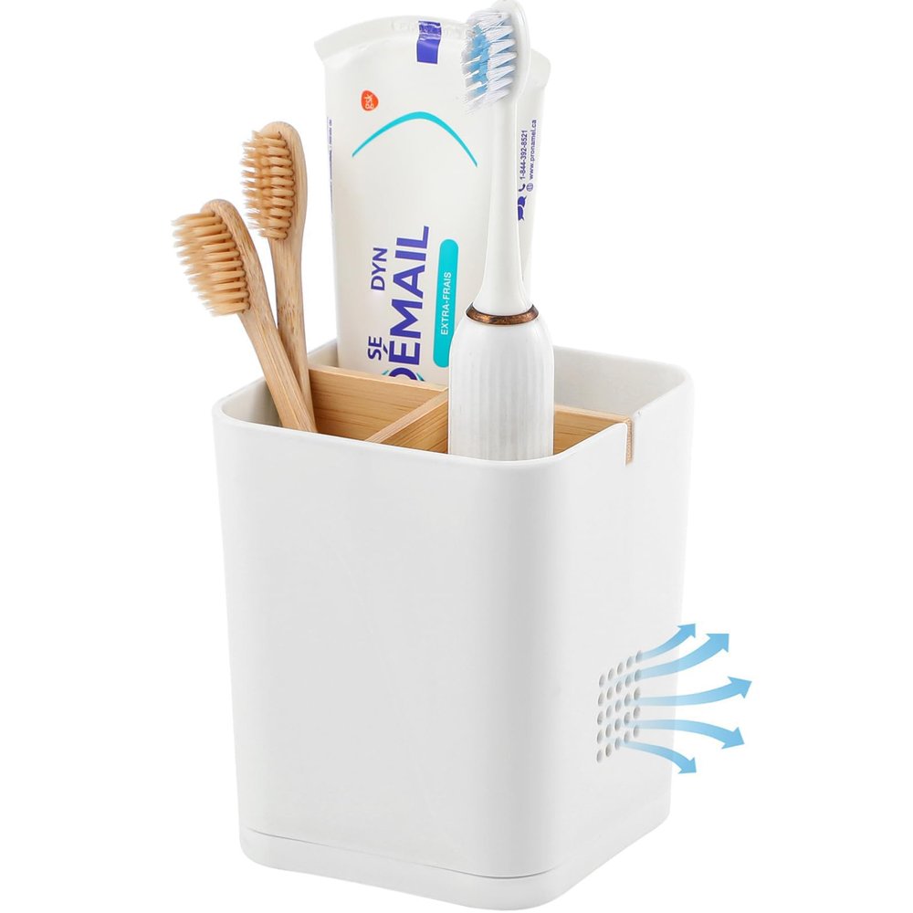 Electric Toothbrush Holder 3 Slots Tooth Brushing Holder with Bamboo Dividers for Bathrooms, Plastic Toothbrush and Toothpaste Organizer for Shower, Countertop, Vanity, White