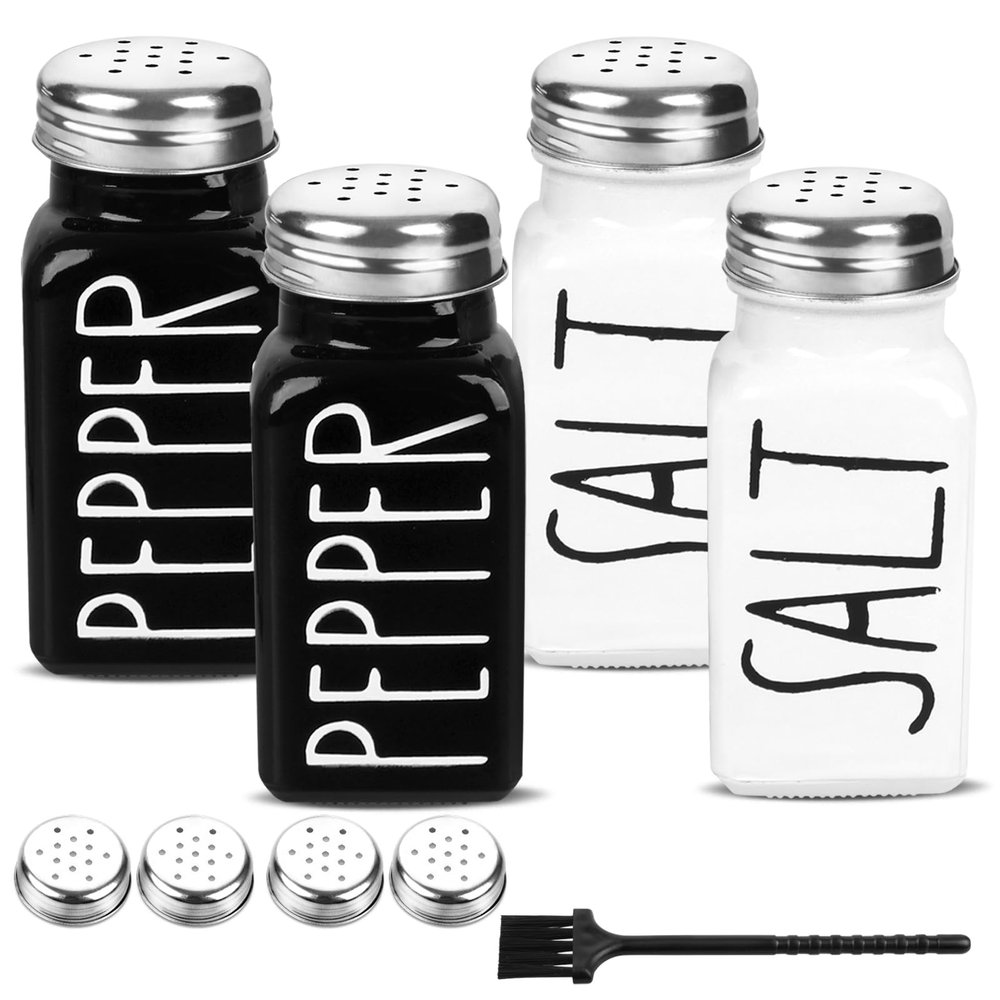 4 Pack Salt and Pepper Shakers Set, Glass Salt Shaker with Stainless Steel Lid, Modern and Cute Farmhouse Salt and Pepper Set (Black and White)