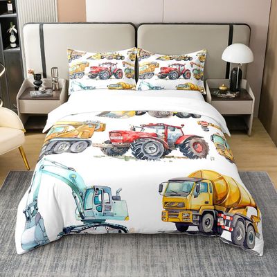 100% Natural Cotton Excavator Bedding Set Full Size Truck Comforter Cover For Kids Boys Girls Children Tractor Machinery Truck Duvet Cover Crane Digger Mixer Quilt Cover With Zipper Closure Decor
