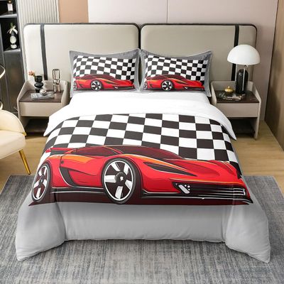 100% Cotton Racing Car Comforter Cover Cool Speed Race Car Duvet Cover For Kids Boys Teens Automobile Pattern Bedding Set Twin Size Grid Extreme Sport Quilt Cover With Zipper Closure Bed Decor