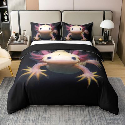 100% Organic Cotton Axolotl Bedding Set King Size Cute Axolotl Duvet Cover 3D Axolotls Comforter Cover Bedroom Decor Sea Wildlife Animals Reptile Quilt Cover for Kids Boys Teens Men Adult
