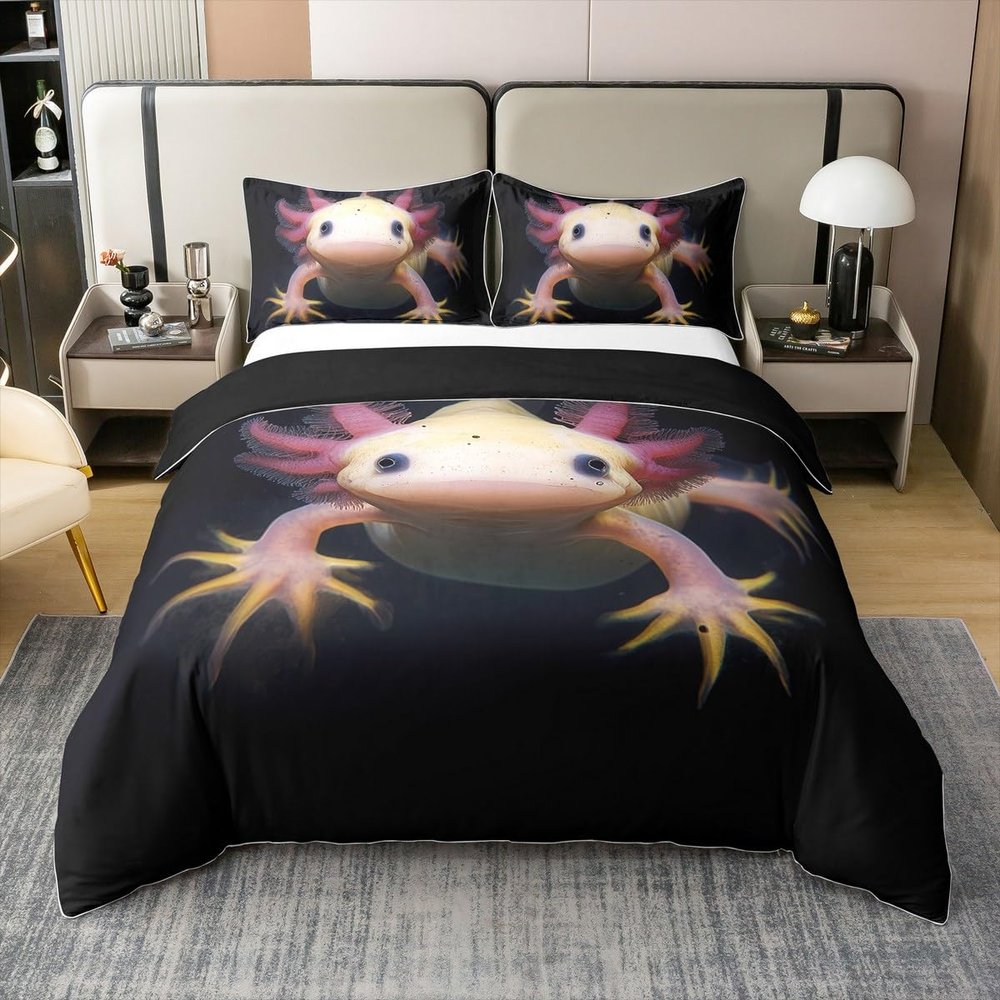 100% Organic Cotton Axolotl Bedding Set King Size Cute Axolotl Duvet Cover 3D Axolotls Comforter Cover Bedroom Decor Sea Wildlife Animals Reptile Quilt Cover for Kids Boys Teens Men Adult