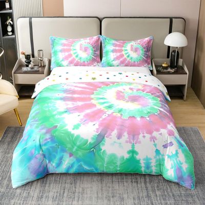 100% Organic Cotton Tie Dye Comforter Cover Full Size Boho Psychedelic Duvet Cover for Kids Boys Girls Teens Bohemian Gypsy Bedding Set Exotic Spiral Colorful Comfy Bedspread Cover