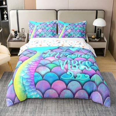 100% Natural Cotton Mermaid Comforter Cover Full Size, Kids Fish Scales Duvet Cover, Girly Rainbow Bedding Set for Boys Teens Women Bedroom, Ocean Life Sea Animal Bedspread Cover with Zipper Closure