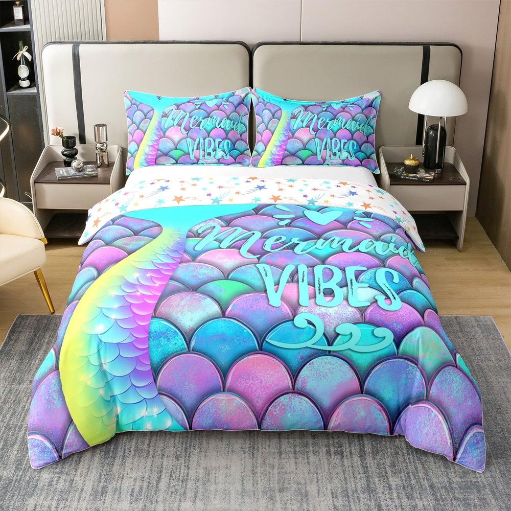 100% Natural Cotton Mermaid Comforter Cover Full Size, Kids Fish Scales Duvet Cover, Girly Rainbow Bedding Set for Boys Teens Women Bedroom, Ocean Life Sea Animal Bedspread Cover with Zipper Closure