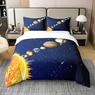 100% Organic Cotton Outer Space Bedding Set, Galaxy Starry Sky Duvet Cover For Kids Boys Girls Teens Planet Space Cosmos Comforter Cover Queen Solar System Bedspread Cover 3 Pcs With 2 Pillow Cases