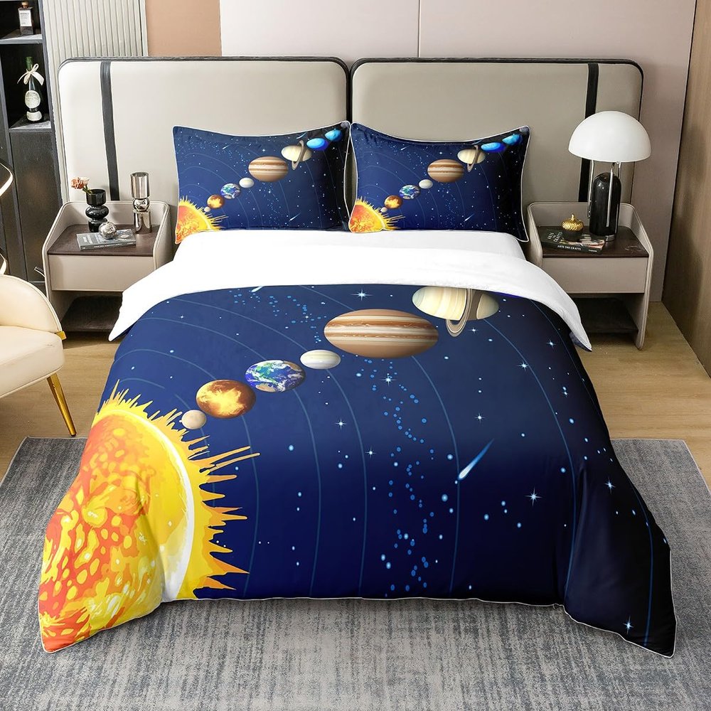100% Organic Cotton Outer Space Bedding Set, Galaxy Starry Sky Duvet Cover For Kids Boys Girls Teens Planet Space Cosmos Comforter Cover Queen Solar System Bedspread Cover 3 Pcs With 2 Pillow Cases