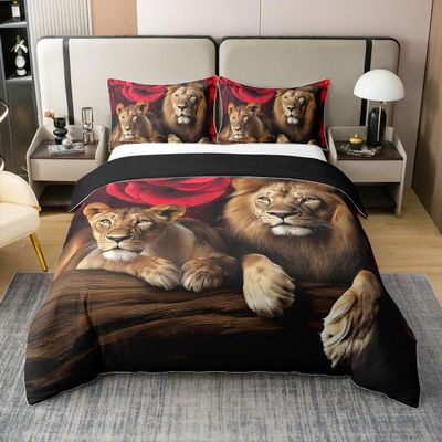 Erosebridal Lion Rose 100% Cotton Duvet Cover Twin Size, Animal Floral Print Comforter Cover Nature Theme Design Bedding Set for Kids Youth Adult, Modern Brown Lion Quilt Cover Room Decor
