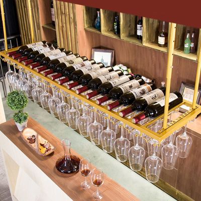 Ceiling Hanging Bar Unit Metal Hanging Wine Rack, Ceiling Wine Bottle Racks, Rustic Decoration Shelf Wine Glass Holder, for under Cabinet, Kitchen, Bar, Gold Adjustable Height/Onecolor/120*3