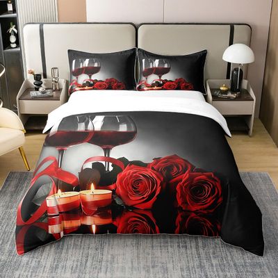 3D Floral 100% Cotton Duvet Cover Twin Digital Printed Blossom Flowers Bedding Set for Women Teens Adult Romantic Rose Comforter Cover Valentine'S Day Wine Glass Banquet Quilt Cover, Black Gray