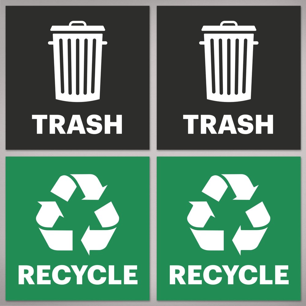 Avery Recycle and Trash Stickers, Green and Black Signs for Bins, Containers, Garbage Cans, Walls, Waterproof, UV Resistant, Preprinted, 4" x 4", 8 Total