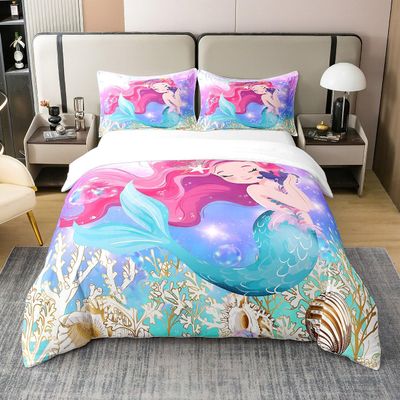 Mermaid Duvet Cover Set 100% Natural Cotton Beautiful Mermaid Fairy Tale Comforter Cover Set Twin Size with 1 Pillowcase Watercolor Undersea World Bedding Comforter Cover(No Filler)