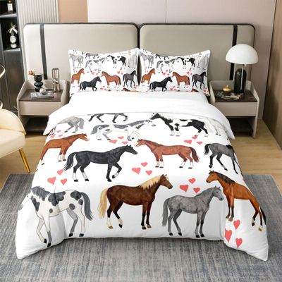 100 Percent Cotton Horse Bedding Set Twin Farm Duvet Cover Kids Boys Girls Teens Cute Animal Comforter Cover Cartoon Horses With Pink Lover Heart Decor Kawaii Quilt Cover Cowboy Cowgirls Duvet Cover