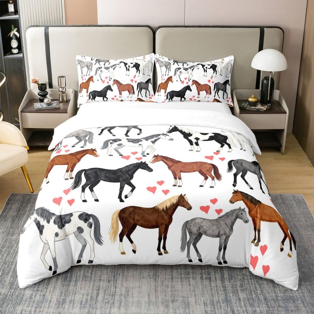 100 Percent Cotton Horse Bedding Set Twin Farm Duvet Cover Kids Boys Girls Teens Cute Animal Comforter Cover Cartoon Horses With Pink Lover Heart Decor Kawaii Quilt Cover Cowboy Cowgirls Duvet Cover