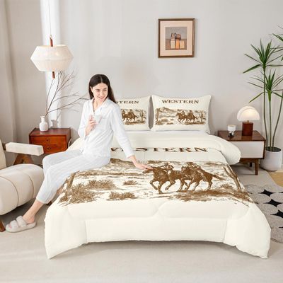 Manfei Western Cowboys Kids Comforter Set Full Size,Cactus Desert Plants Retro Bedding Set,Boys Girls Adults Room Decor,Western Texas Tribal Down Comforter,Rustic Farmhouse Duvet Insert,2 Pillowcases
