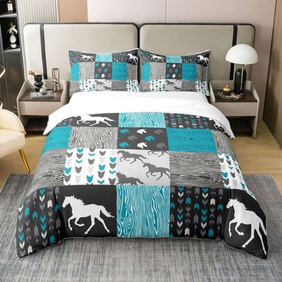 100% Cotton Horse Duvet Cover Queen, Patchwork Teal Unicorn Bedding Set For Kids, Black Gray Wild Horses Wood Grain Comforter Cover, Geometric Lattice Arrow Grid Animal Room Decor Quilt Cover