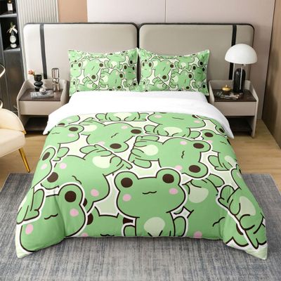 100% Cotton Frog Duvet Cover Twin, Cartoon Frog Bedding Set For Kids Boys Girls Teens, Kawaii Green Wild Animals Comforter Cover, Cute Wildlife Farmhouse Rustic Funny Room Decor Quilt Cover