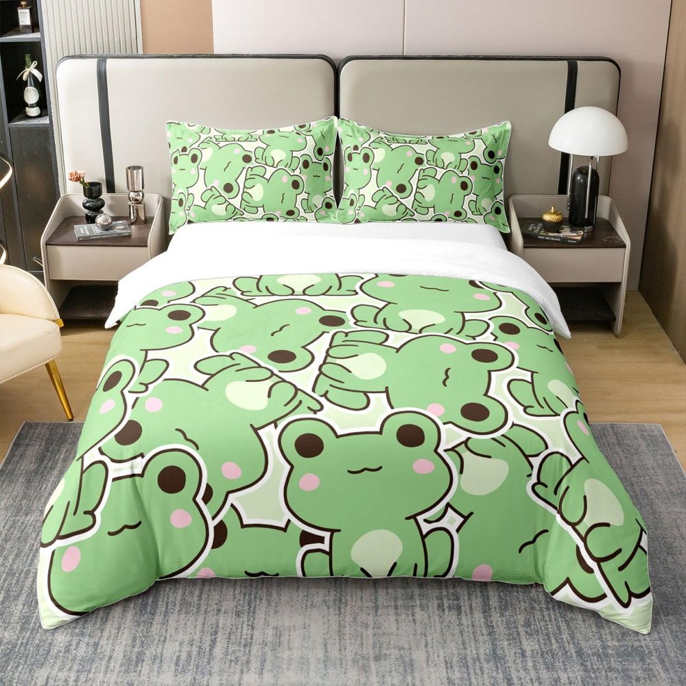 100% Cotton Frog Duvet Cover Twin, Cartoon Frog Bedding Set For Kids Boys Girls Teens, Kawaii Green Wild Animals Comforter Cover, Cute Wildlife Farmhouse Rustic Funny Room Decor Quilt Cover