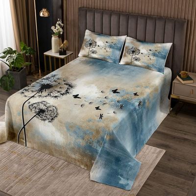 Castle Fairy Geometric Abstract Bedspread Twin Size Vintage Brown Navy Blue Grey Coverlet Set 2pcs Dandelion Butterfly Comforter Set Teens Women Adult Room Decor Graffiti Art Quilt Set,1 Pillowcase