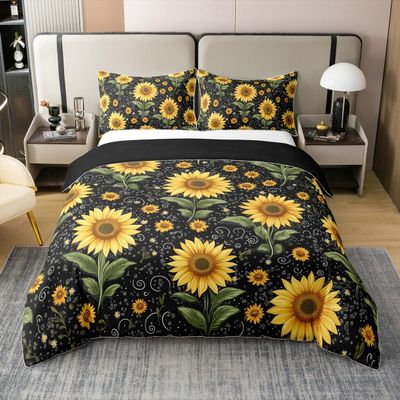 100% Cotton Sunflower Duvet Cover Queen Bee Bedding Set For Kids Girls Boys Yellow Floral Comforter Cover Cute Wild Animal Romantic Rustic Farmhouse Quilt Cover Room Decor 2 Pillow Cases Black