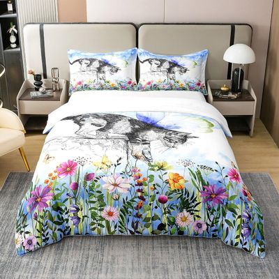 100% Cotton Cat Duvet Cover Colorful Flower Bedding Set Cute Pet Animal Comforter Cover Queen Butterfly Floral Leaves Plant Black And White Quilt Cover Kawaii Farmhouse Room Decor Blue 3Pcs