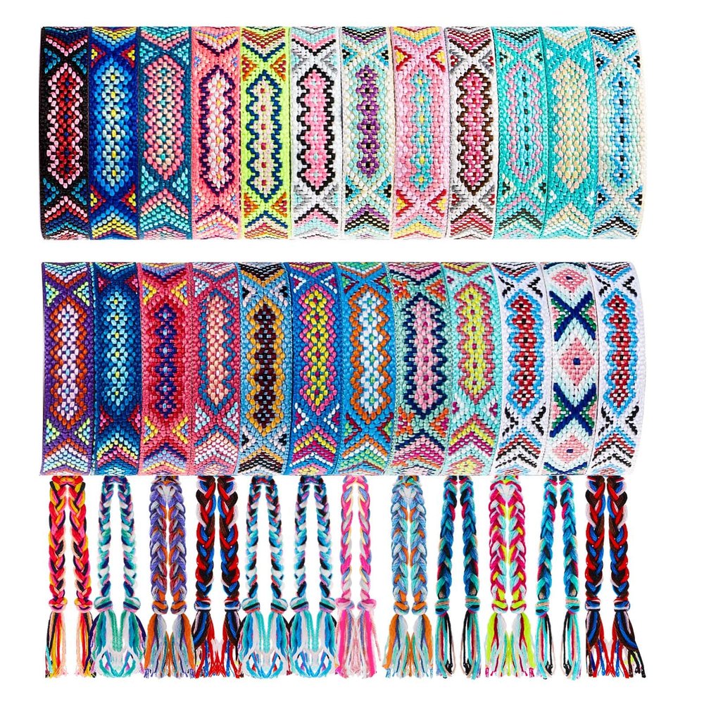 Henoyso 24 Pcs Woven Friendship Bracelets Bulk Adjustable Braided String Nepal Boho Thread End of Year Gift Bracelets with Sliding Knot Closure for Women Girl Birthday Party Camp Favor (Stylish Style)