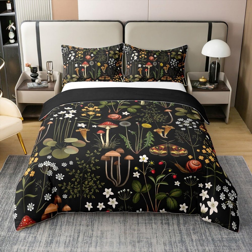 Cute Mushroom 100% Cotton Duvet Cover Wild Flowers Jungle Plants Decor Bedding Set for Kids Teens Adults Natural Moth Snail Rustic Style Comforter Cover with 2 Pillowcases(No Comforter) Full Size