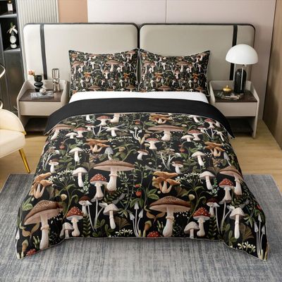 Mushroom Duvet Cover 100% Cotton Nature Burgundy Plants Cute Strawberry Bedding Set for Teens Adults Watercolor Wild Botanical Leaves Comforter Cover with 2 Pillowcases(No Comforter) Queen Size 3 Pcs